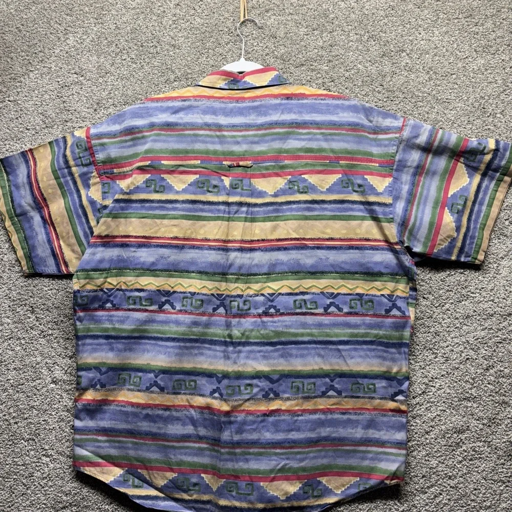 Vintage Chaps Ralph Lauren Shirt Mens Large Striped Aztec Print Short Sleeve 90s